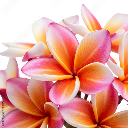 Closeup of vibrant pink and orange plumeria flowers isolated on transparent background