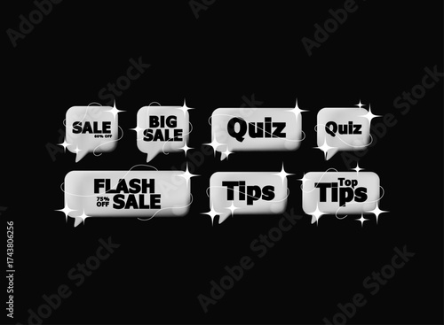 Metallic silver bubble ui label set with elegant sparkling lines and shiny text for sale promotion, quiz, tips and flash discount social media template