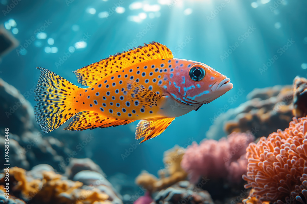 Fototapeta premium Beautiful Ocean Scene With Rhinoceros Leopardfish and Coral