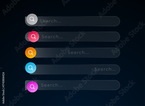 Colorful glassmorphism search bar UI with gradient circular icons, transparent blur style, dark background, and modern minimal interface template design