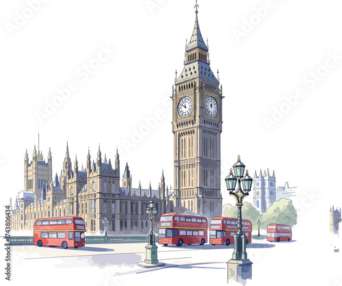Iconic Big Ben with London Skyline in Watercolor Style.