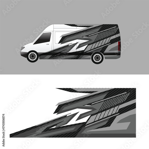 Modern Van Wrap Decal Design with Abstract Geometric Monochrome Graphics Vector