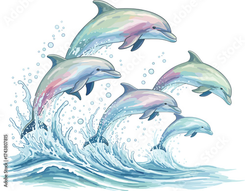Playful Dolphins in Ocean Waves Watercolor Collection 