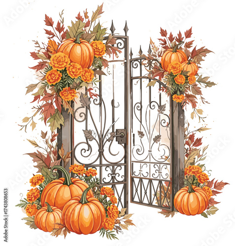 Rustic Garden Gate with Autumn Flowers in Watercolor Art 
