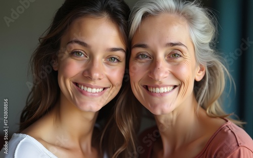 portrait of same young and old woman smiling, AI generated. High quality