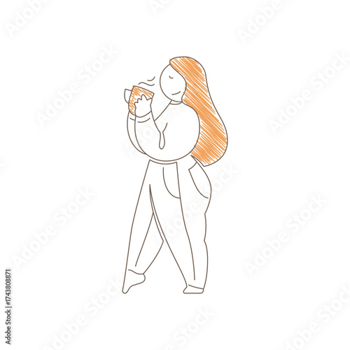 Minimalist line art of a smiling woman holding a coffee mug with warm brown accents. Simple contours and cozy atmosphere convey relaxation and the pleasure of enjoying a beverage in peaceful solitude