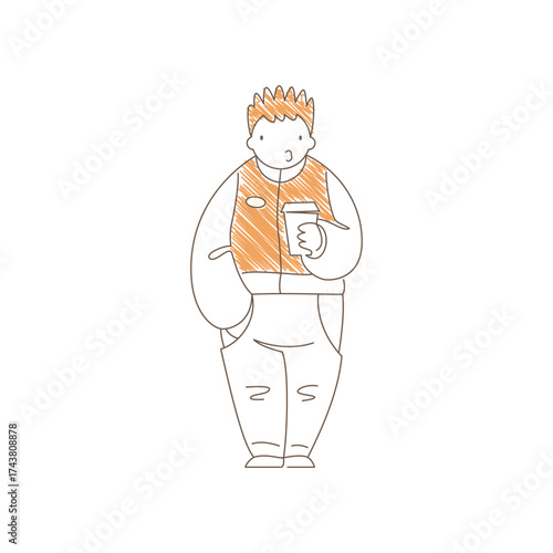 Minimalist line art of a contemplative man holding a coffee cup with one hand in pocket. Thin lines and light orange accents create a calm mood of casual relaxation and coffee break simplicity