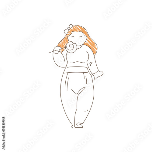 Girl standing with a lollipop in her mouth. Playful innocent expression and cozy sweater convey childhood sweetness, simple joy and charming candy moment. Line art vector illustration