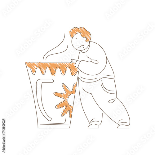 Man standing next to an enormous coffee cup. Surprised expression and pointing gesture convey playful amazement, humorous scale and whimsical coffee obsession moment. Line art vector illustration