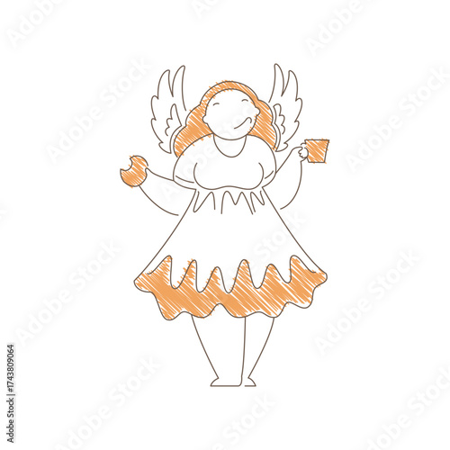 Woman with angel wings holding a cookie and coffee cup. Joyful expression and relaxed posture convey euphoric feeling, sweet treat enjoyment and heavenly coffee moment. Line art vector illustration