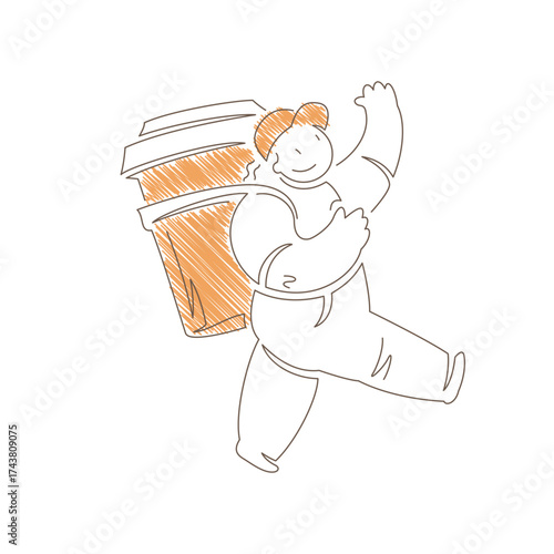 Courier walking with a large coffee cup on his back. Confident stride and cheerful expression convey dynamic delivery service, urban mobility and reliable coffee transport Line art vector illustration