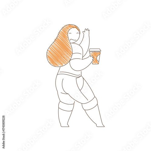 Woman holding a coffee cup and waving hand with broad smile. Lively forward leaning pose conveys cheerful greeting, friendly interaction and positive coffee moment. Line art vector illustration