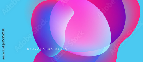 Abstract fluid shapes overlap, creating vibrant color gradients. Blue, pink, purple hues blend seamlessly. Modern design element.