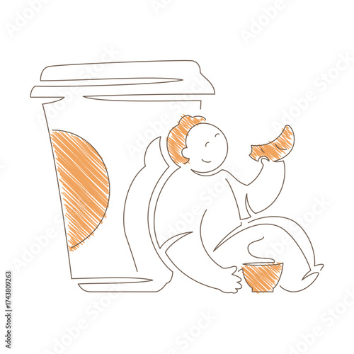 Man sitting with oversized coffee cup and croissant. Content relaxed expression and cross legged pose convey casual comfort, cozy snack time and simple coffee pleasure. Line art vector illustration
