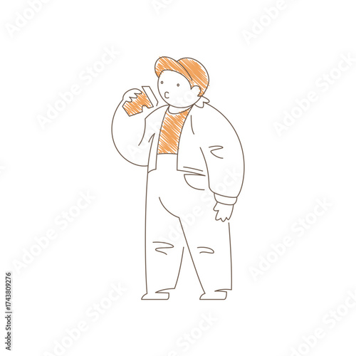 Man drinking takeaway coffee in a relaxed pose. Calm satisfied expression and tilted head convey peaceful coffee break, simple pleasure and beverage enjoyment moment. Line art vector illustration