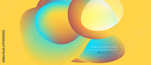 Abstract fluid shapes overlap, creating vibrant color gradients. Yellow background complements blue, orange hues. Modern design element.