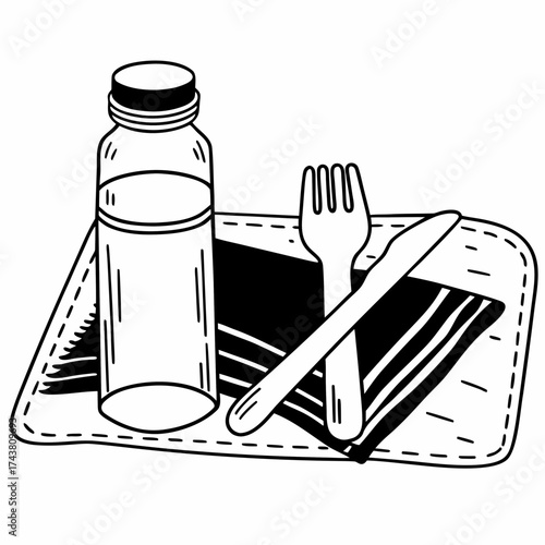 A simple line art drawing of a water bottle fork and knife on a striped napkin on a tray illustration