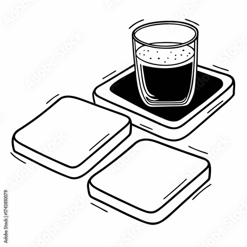 Isometric view of a glass of dark liquid on a coaster with two blank squares nearby in black and white