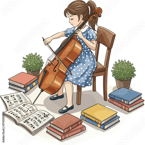 Watercolor Girl Playing Cello in Cozy Room with Musical Props