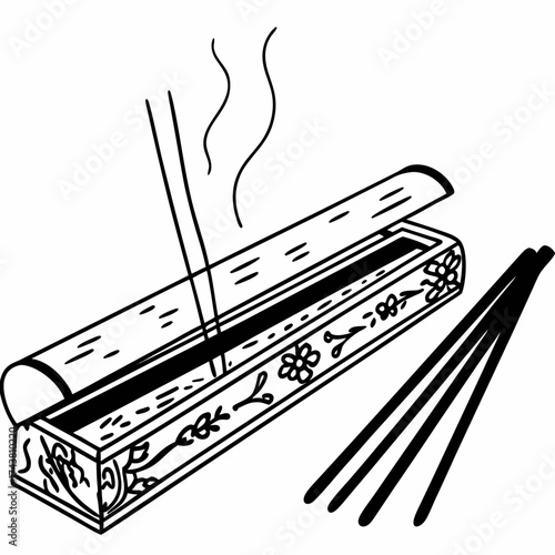Illustration of an open incense box with floral designs and incense sticks emitting smoke on a white background