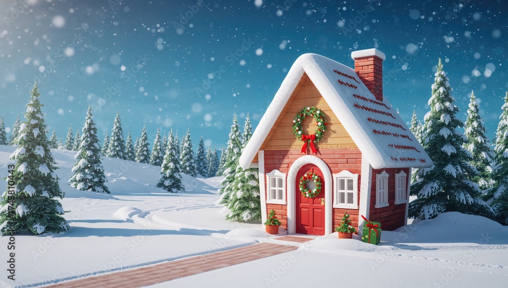 Fototapeta premium 3D illustration of a festive cartoon home in a snowy winter setting with holiday decorations and pine trees. Seasonal greeting card featuring a charming house adorned with a holiday wreath and