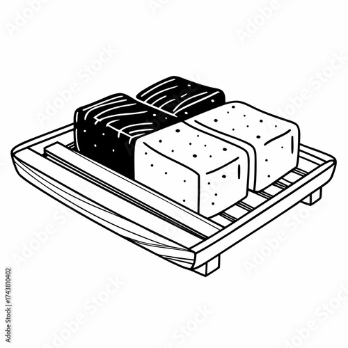 Illustration of four tofu cubes on a wooden tray with two dark and two light colored pieces arranged neatly