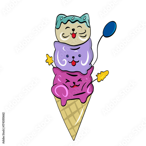 A sweet composition of ice cream and smiling kawaii kittens.