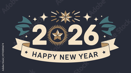 Happy new year graphic with the year two thousand twenty six and stars on a dark blue background