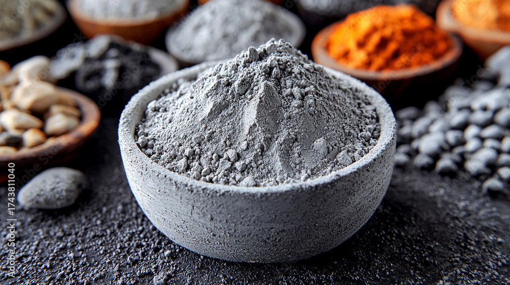 Fototapeta premium Close-up view of fine gray cement powder in a bowl Generative AI