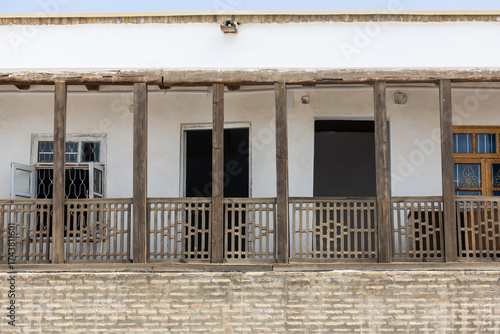 View on second tier of internal facade of the historic building on the Ark of Bukhara fortress territory in Bukhara, Uzbekistan.
