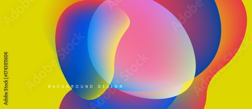 Abstract vibrant shapes overlap, creating colorful gradients. Yellow background complements dynamic design elements. Modern aesthetic.