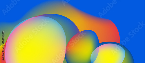 Abstract colorful shapes overlap. Vibrant hues blend, creating smooth gradients. Modern design evokes fluidity, energy, optimism.