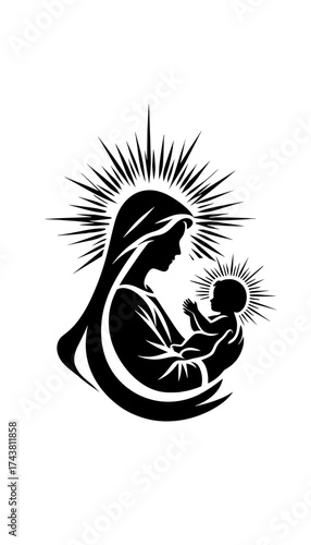 Virgin Mary holding baby Jesus silhouette with radiant halo on transparent background, isolated Virgin Mary with baby Jesus