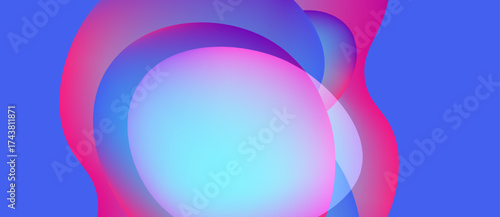 Abstract fluid shapes blend, creating vibrant color gradients. Pink, blue, purple hues dominate composition. Smooth transitions define form.