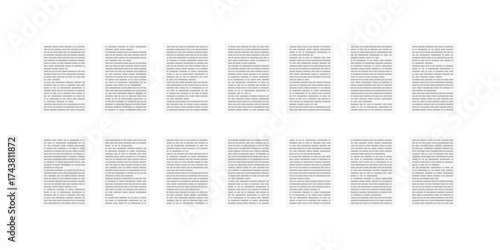 Newspaper article set. Collection of printed text columns or book pages. Simple symbolic printed paper page vector set.