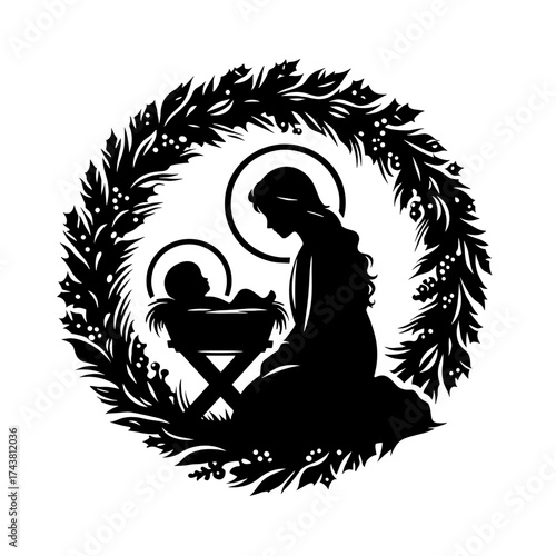 Silhouette of Mary with baby Jesus in Christmas wreath,    isolated Mary with baby Jesus in Christmas wreath