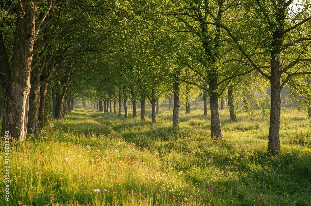 Fototapeta premium Fresh green foliage on a summer morning with blooming flowers
