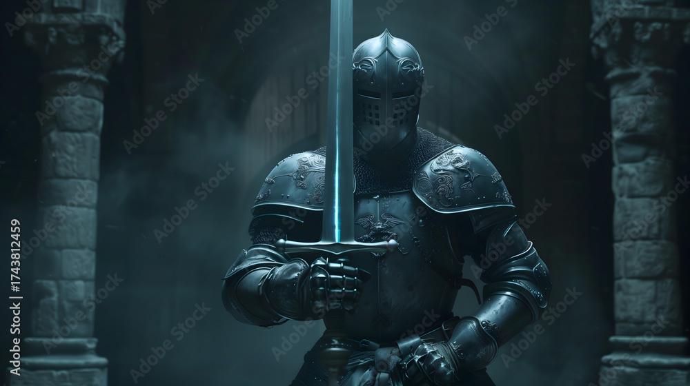 Fototapeta premium Cinematic Shot of Haunted Knight Armor Glowing from Within