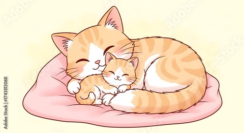 Cute cartoon cats cuddling on a soft pink pillow
