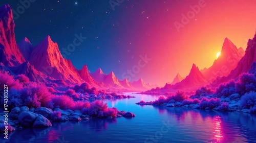 Vibrant Sunset over a Serene Pink and Blue Mountain Lake Landscape with Starry Night Sky
