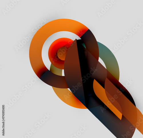 Abstract composition featuring overlapping translucent shapes. Warm orange, brown tones dominate against gray background. Modern design elements present.
