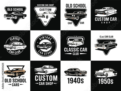 Vintage classic car club and custom auto shop logo collection with retro muscle car illustrations for t shirt design