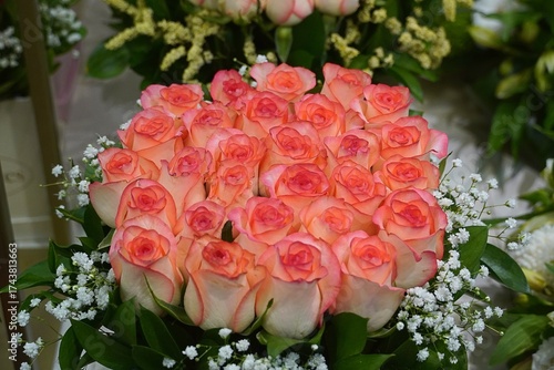 A beautiful bouquet of pink roses in a flower shop
