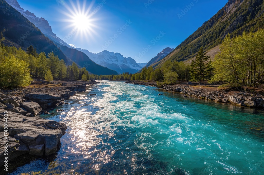 Fototapeta premium River flowing through mountainous terrain