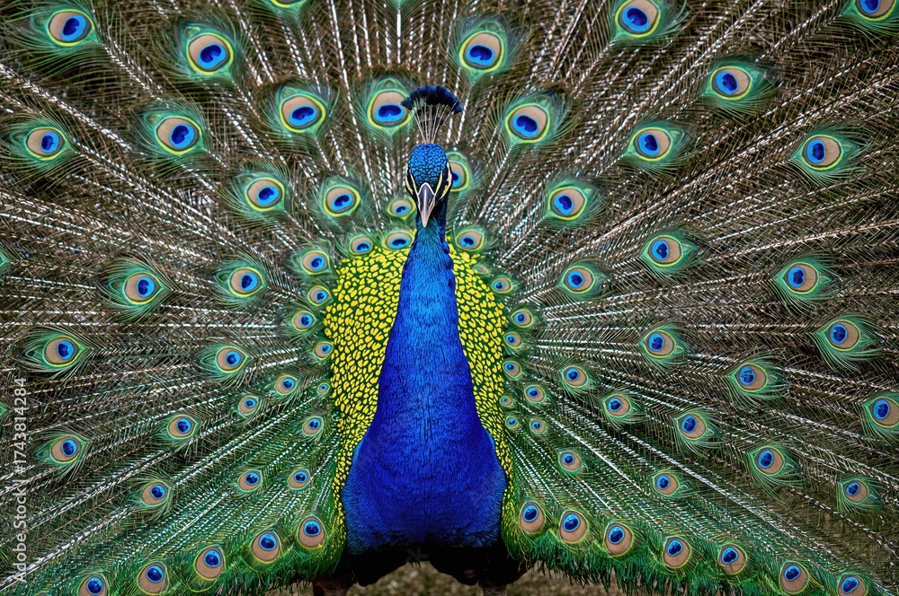 Fototapeta premium Common peafowl perched on a branch showcasing vibrant plumage