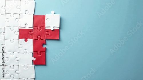 Connecting White and Red Puzzle Pieces on a Light Blue Background A Symbol of Collaboration and Integration