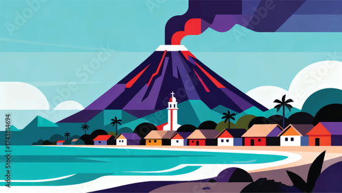 Illustration Of Karthala Volcano In The Background Of A Traditional House On The Beach Vector Design Template
