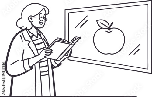 Illustrative teacher with book by apple drawing, education concept for learning and schools, vector design perfect for educational materials and websites.