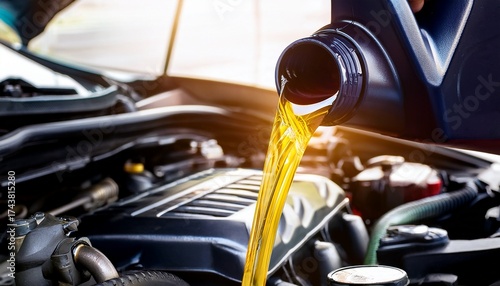 pouring oil motor car lubricant from black bottle on engine background service oil change auto repair shop