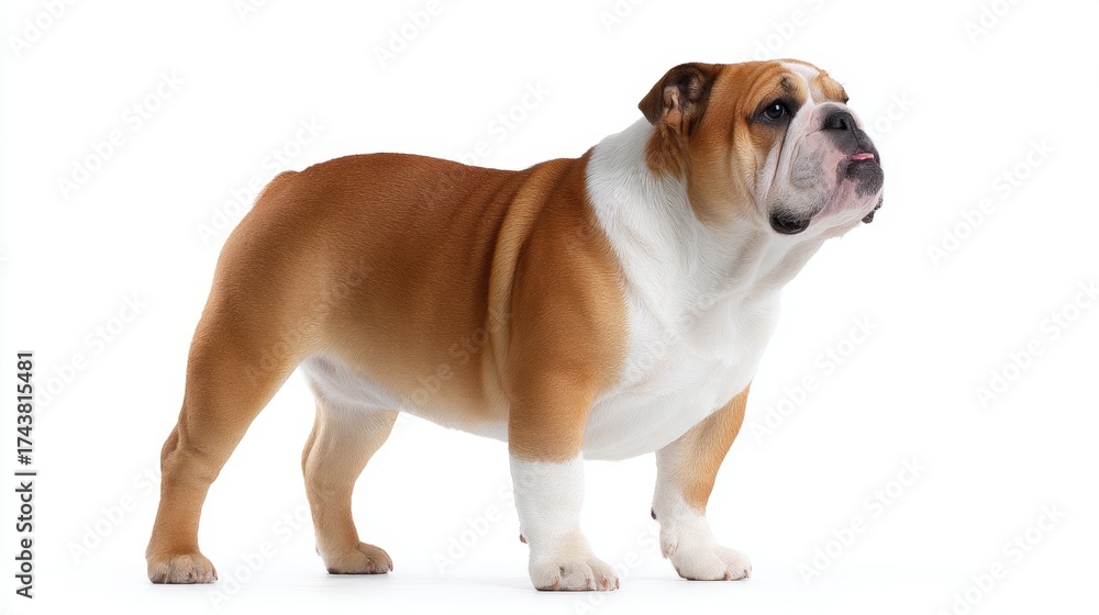 Obraz premium Adorable and strong bulldog standing proudly on a white background. This image is perfect for pet lovers and dog enthusiasts. Capture the beauty of this amazing breed. AI